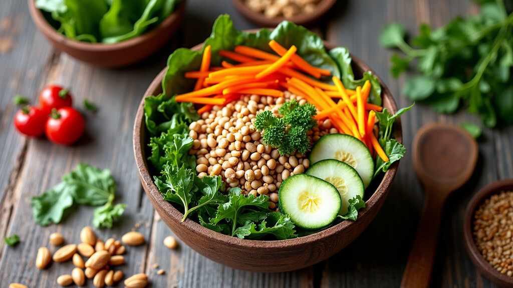 A colorful, fresh vegetarian grain bowl with greens, beans, and sliced veggies, surrounded by whole food ingredients like fruits, nuts, and grains on a rustic table.