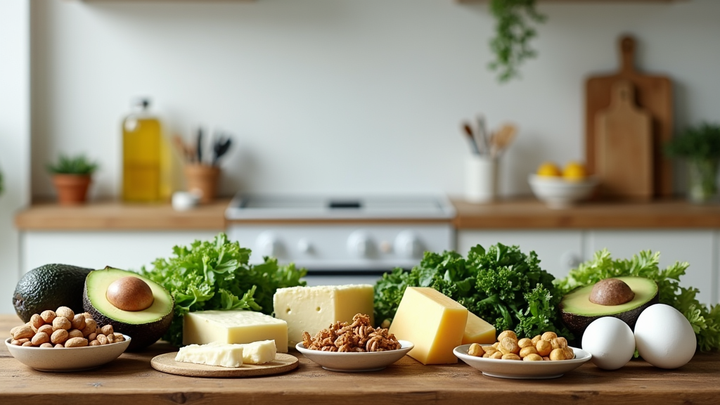 A neat kitchen counter with various ketofriendly foods like avocado, eggs, nuts, cheese, olive oil, and leafy greens arranged on a wooden table. No people, flat layout.