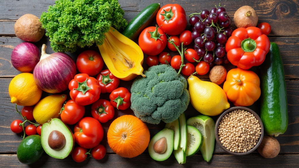A colorful spread of healthy, whole foods including fruits, vegetables, whole grains, and nuts arranged on a rustic wooden table.