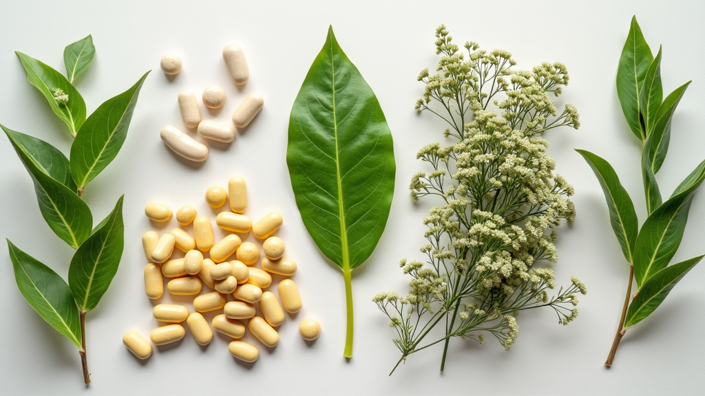 Assorted natural supplements, leafy greens, and herbal capsules on a neutral background.