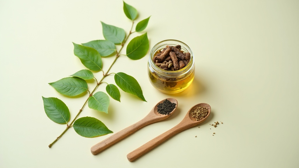 A close-up of a natural herbal tea setup with green leaves, wooden spoons, and a small glass jar filled with dried roots, arranged on a light background.