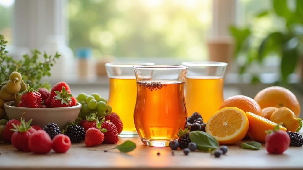 A colorful assortment of fruits and herbal teas, set on a bright kitchen table.