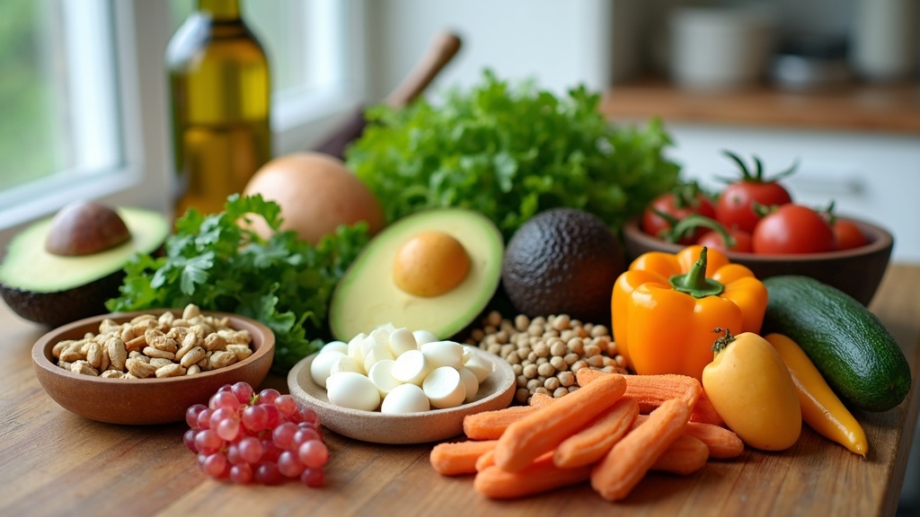 A variety of low-carb, high-fat foods suitable for the keto diet. Colorful vegetables, healthy oils, nuts, and avocados are artfully arranged on a rustic kitchen counter.