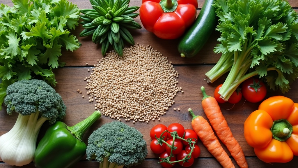 An overhead view of natural, whole foods including leafy greens, seeds, and colorful vegetables on a wooden surface.