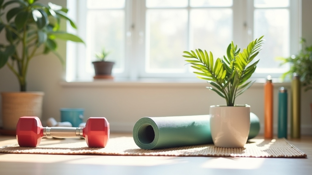 Bright, airy home workout space with fitness gear on a bamboo mat including dumbbells, resistance bands, and a potted plant