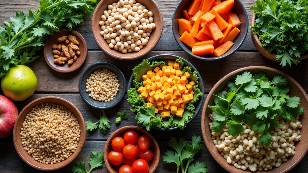 Colorful vegan meal prep on a wooden table, bowls filled with grains, beans, fresh greens, and sliced vegetables; surrounded by fruits, nuts, and herbs.