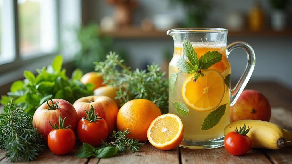 A flat lay of assorted fresh fruits, herbs, and a glass pitcher of infused water on a rustic kitchen table