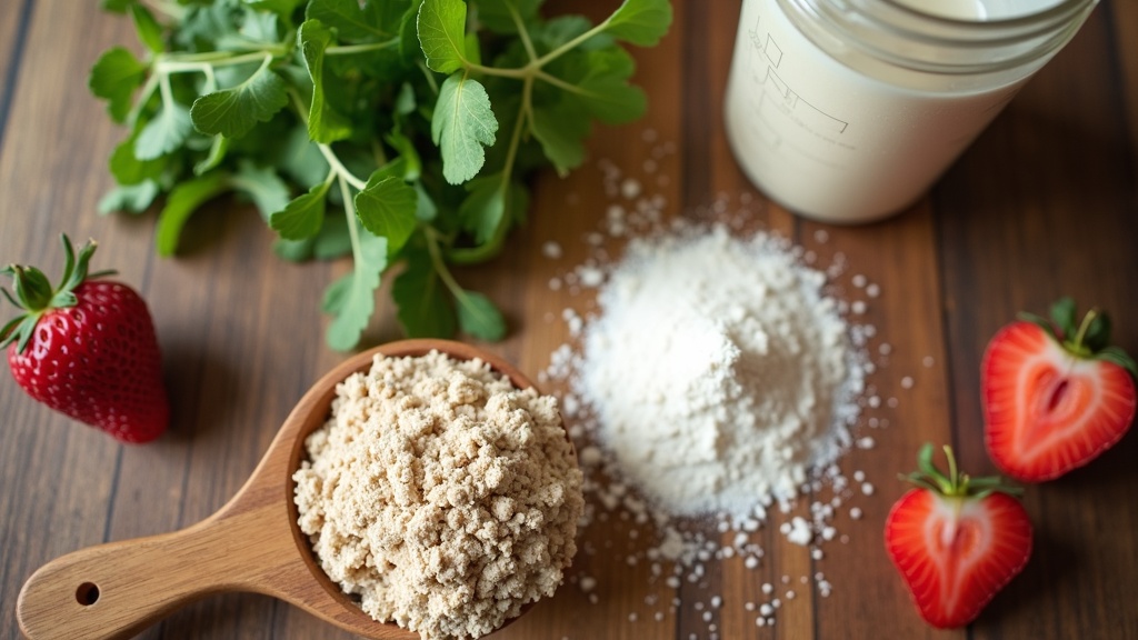 A stylish flat lay of protein shake ingredients, scoop of powder, shaker bottle, and leafy greens on a wooden table.