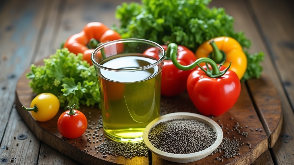 An assortment of natural appetite suppressants: green tea, chia seeds, colorful vegetables, and a glass of water on a rustic wooden table.