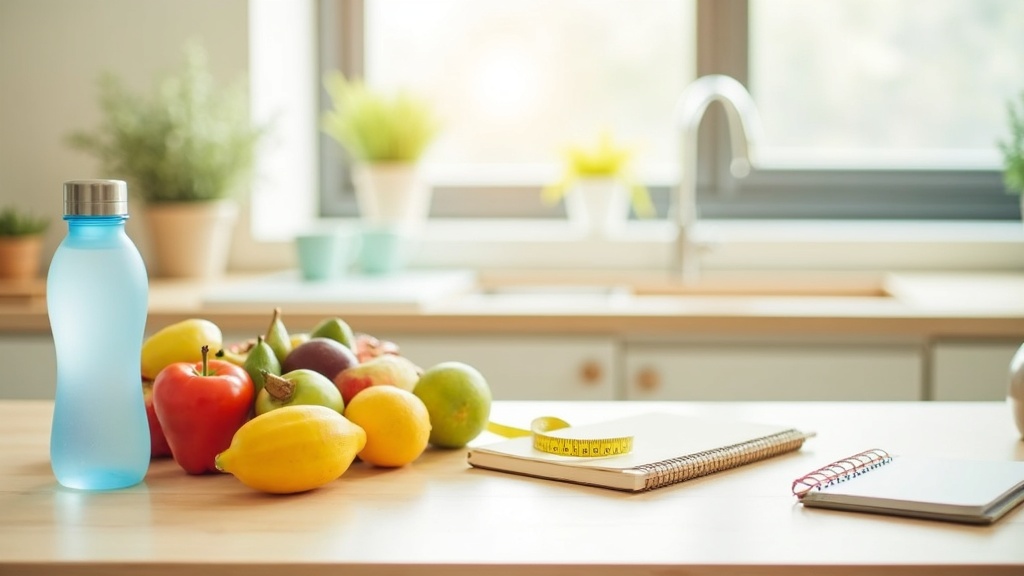 Colorful journal, measuring tape, and fruit on a kitchen table