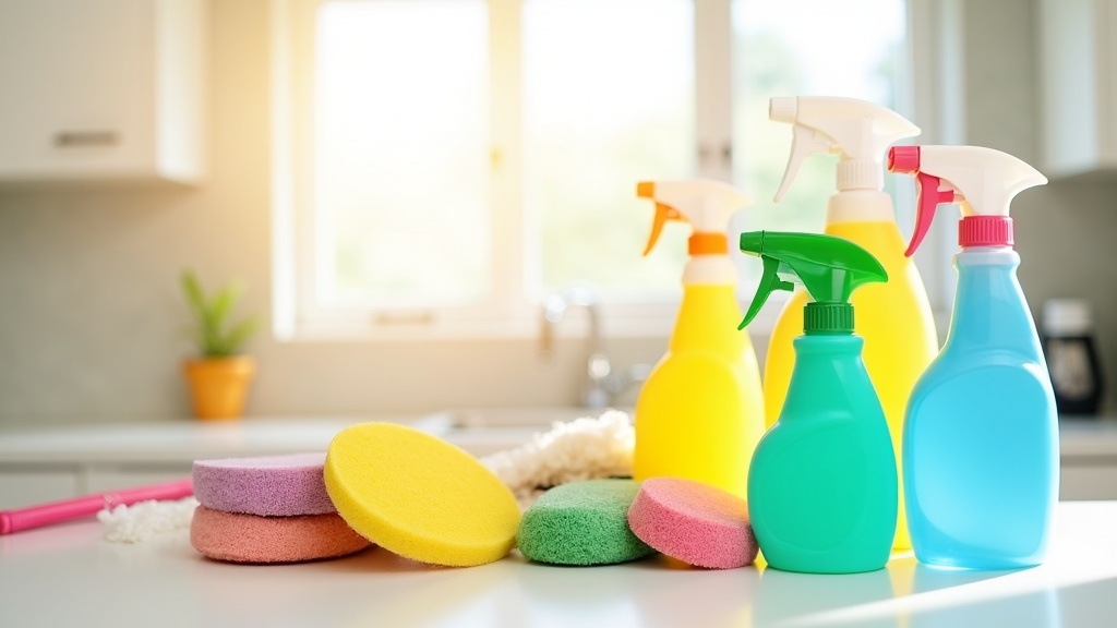 A collection of household cleaning tools and supplies on a kitchen counter.