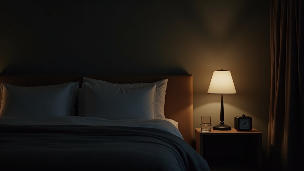 A peaceful bedroom at night with dim lighting, showing a neatly made bed, a soft blanket, and a nightstand with a clock and a glass of water, evoking a calm and restful atmosphere.
