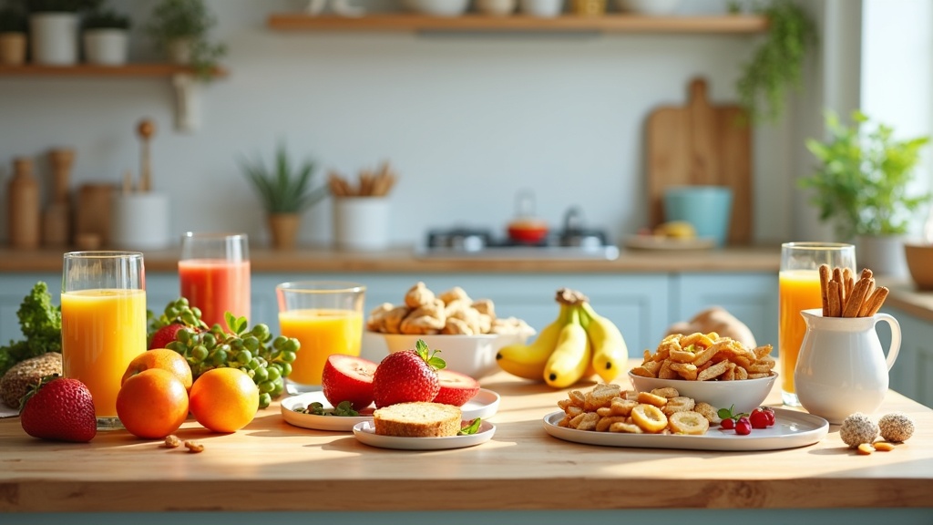 Colorful food spread on kitchen counter with snacks, fruit, and drinks