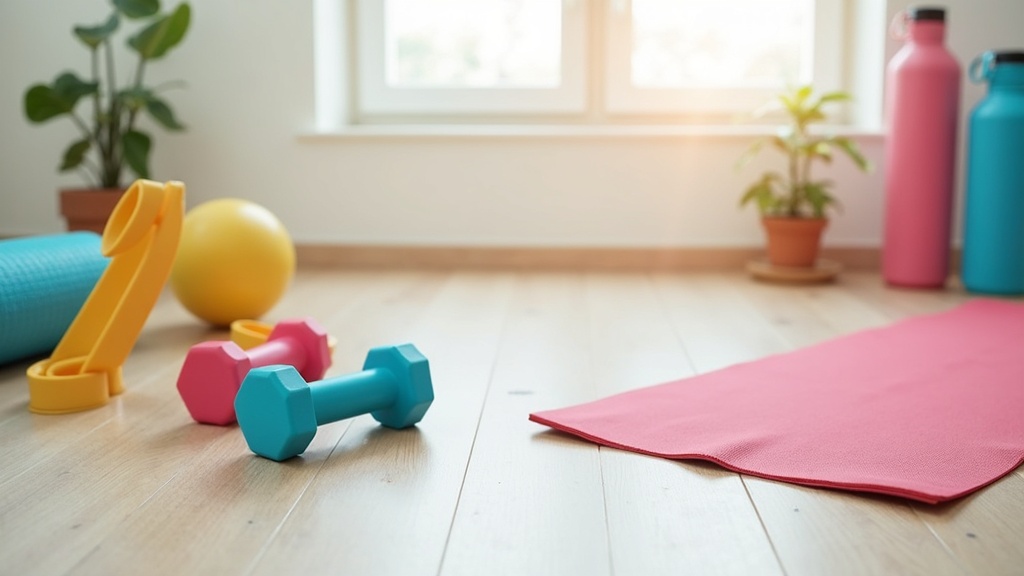 Colorful workout equipment, resistance bands, and a yoga mat arranged on a light wooden floor for a home workout scene.