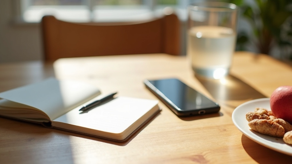 Digital detox setup: phone off, natural light, healthy snack, journal, and a glass of water on a cozy table